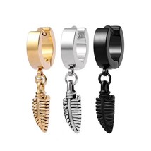 Punk Feather Drop Dangle Hoop Huggie Earrings Stainless Steel Jewelry Men Women - £7.96 GBP