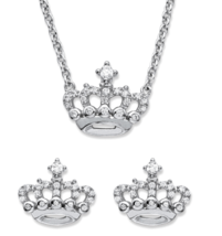 ROUND CZ CROWN STUD EARRINGS NECKLACE SET STERLING SILVER - £80.12 GBP