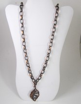 Copper Tone Chain Link Necklace Brown Metal Leaf Pendant 30&quot; long - £14.73 GBP