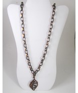 Copper Tone Chain Link Necklace Brown Metal Leaf Pendant 30&quot; long - £14.90 GBP