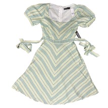 New York &amp; Co Green Chevron Linen Square Neck Puff Sleeve Dress size S N... - $23.28