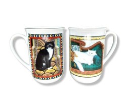 Vintage Russ Berrie Set of 2 Coffee Mugs Cups Cat Kitty Crazy Cat Lady Ying Yang - £18.45 GBP