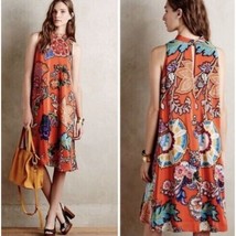 MAEVE Anthro Larkhill Silk Boho XS Dress Trapeze Swing Floral Orange Col... - $81.18