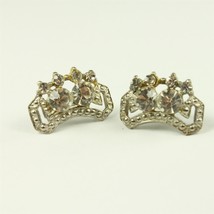 ✅ Vintage Pair Jewelry Clip On Earrings Rhinestone Curved Silver Plate H... - £5.81 GBP