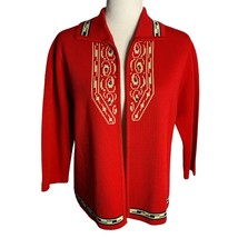 Vintage 70s Stretch Knit Cardigan Sweater M Red Open Front 3/4 Sleeve Un... - £37.15 GBP