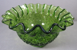 Green Glass Ruffle Edge Bowl Vintage Button &amp; Daisy 6&quot; x 3&quot; Unmarked - £16.56 GBP