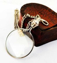 Gold Brass Magnifying Glass Vintage Magnifier With long chain / leather case - £18.47 GBP