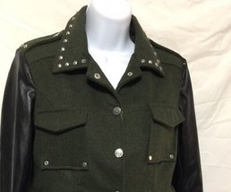 jacket olive green wool black faux leather arms moto military JuJu j2 women S - £15.48 GBP
