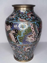 Japanese Champlevé cloisonné Bronze vase with florals and Butterfly&#39;s - £307.38 GBP