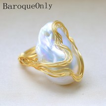 Handmade 15-30mm Big Baroque Beads Wire Wrapped Rings Natural Freshwater White P - £23.18 GBP