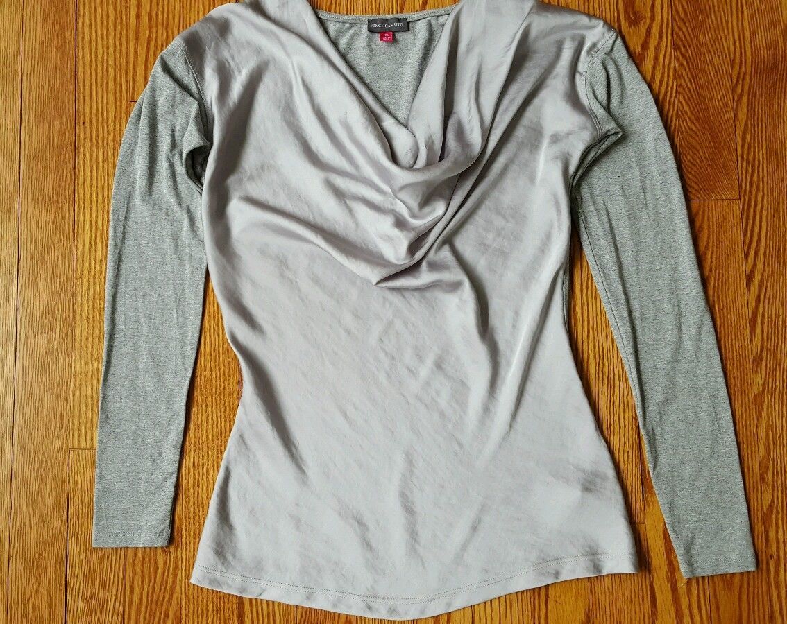 VINCE CAMUTO Womens Size XS Long Sleeve Cowl Neck Top Blouse Tunic two tone Gray - £9.06 GBP