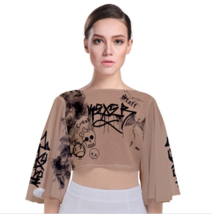 Woman top chiffon butterfly sleeves with graffiti and tattoo nude color - $39.99