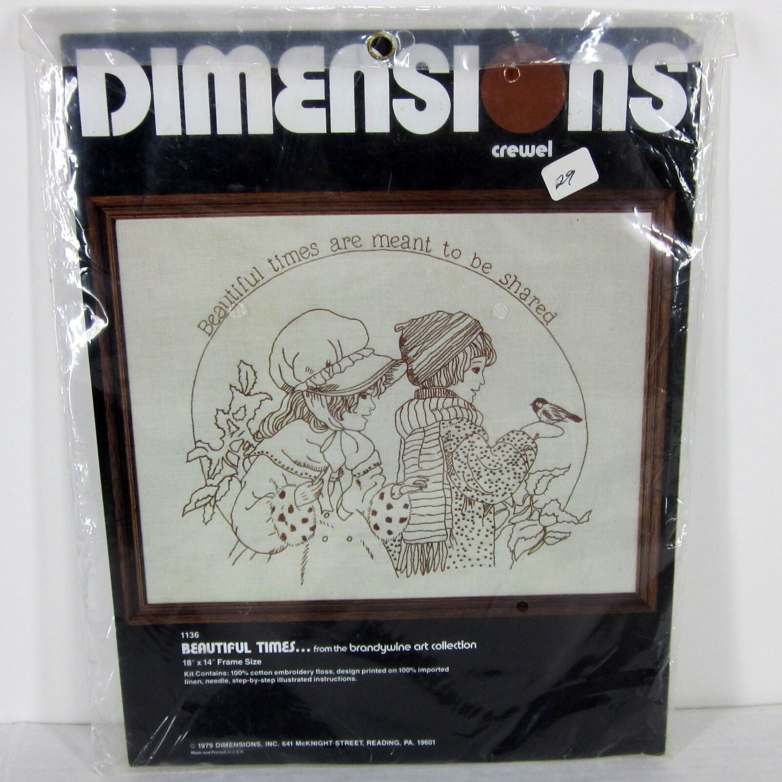 DIMENSIONS 1136 "BEAUTIFUL TIMES" CREWEL EMBROIDERY KIT 1979 USA 18" x 14" BROWN - $29.25