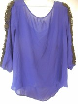 Blue Sheer Womens top Size L Lace sleeve accent bow on back blouse boat ... - $15.99