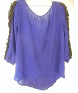 Blue Sheer Womens top Size L Lace sleeve accent bow on back blouse boat ... - $294.67 MXN