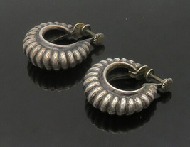 MEXICO 925 Silver - Vintage Fluted Hollow Non Pierce Hoop Earrings - EG11455 - £56.69 GBP
