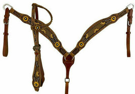 Western Saddle Horse Sunflower Beaded Leather Tack Set Bridle + Breast C... - £69.52 GBP