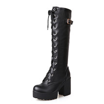 Hot Sale Spring Autumn Lacing Knee High Boots Women Fashion White Square Heel Wo - £45.99 GBP