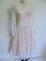 VtgJessica McClintock Bridal Lace Dress XS Ivory Peach Cottagecore Victorian - £100.22 GBP
