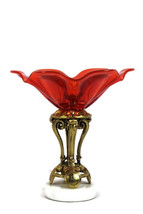 Vintage Italian Orange Glass Compote Brass Footed Bowl Marble Base 9&quot; - $29.69