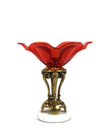 Vintage Italian Orange Glass Compote Brass Footed Bowl Marble Base 9&quot; - £23.34 GBP
