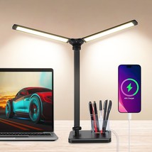 Led Desk Lamp For Home Office - Dual Swing Arm Desk Light With Usb Charging Port - £35.16 GBP