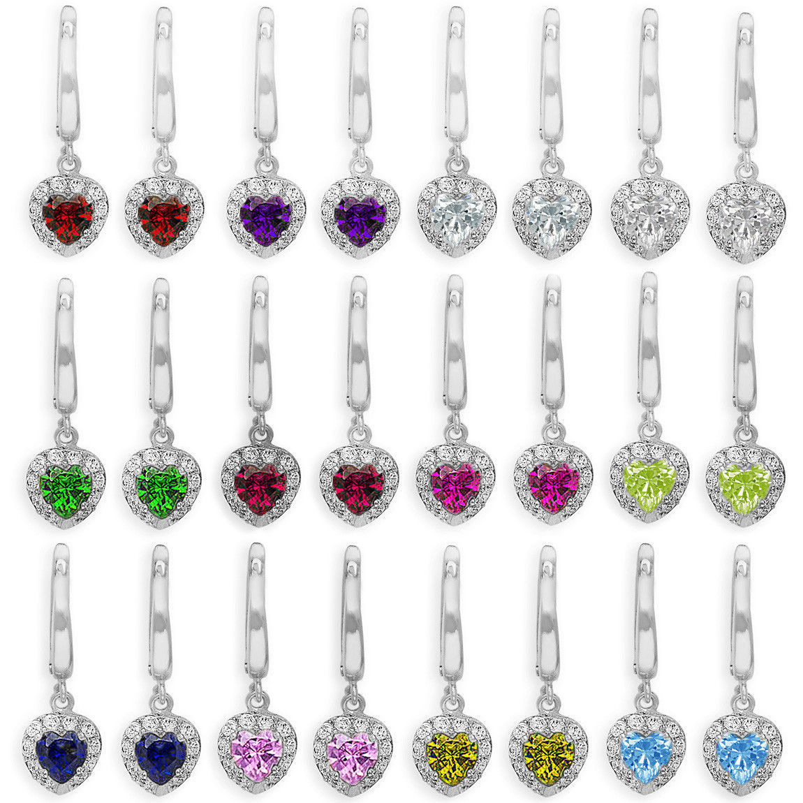 Primary image for CZ 925 Sterling Silver Rhodium Cover Dangling Halo Birthstone Heart Drop Earring