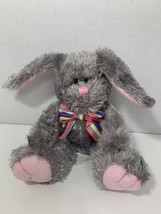 American Greetings plush gray bunny rabbit pink ears rainbow striped bow - £7.73 GBP