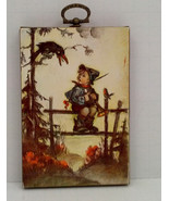Vintage small hummel print boy on fence with birds wood plaque wall hanging - $19.75