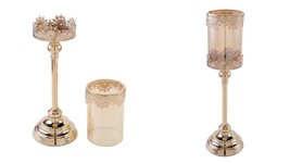 17&quot; tall Gold Lacy Trim Metal Glass Candle Holder Wedding Party Centerpieces - £67.50 GBP