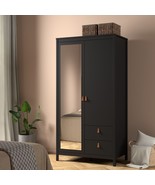 Tall Modern Black Wardrobe With Hanging Clothes Rail Mirror 2 Drawers &amp; ... - £654.04 GBP