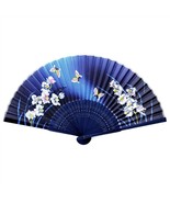 SILK HAND FAN 8&quot; Blue Butterfly Lily Blossom Folding Pocket Purse High Q... - $148.82 MXN