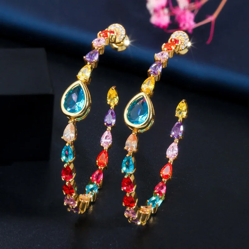 Elegant Circle Round Multicolor Rainbow CZ Crystal Big Gold Plated Hoop Earrings - $25.91