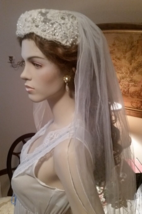 Vtg Bridal White Wedding Headpiece/Hat Veil Beads Lace Tulle - £27.05 GBP