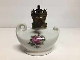 Vintage Small Genie Oil Lamp with Floral Rose Design Missing Glass Globe - $4.33