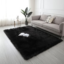 84&quot; x 60&quot; x 3.5&quot; Ultra Soft Fluffy Faux Fur Sheepskin Area Rug Polyester Black - £92.65 GBP