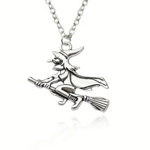 Witch on Broomstick Pendant Necklace Silver Halloween - £9.04 GBP