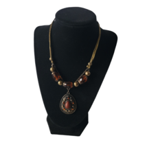 Amber Beaded Rhinestone Necklace Antique Brass Adjustable Cord Statement Piece - £11.15 GBP