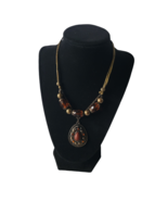 Amber Beaded Rhinestone Necklace Antique Brass Adjustable Cord Statement... - £11.02 GBP