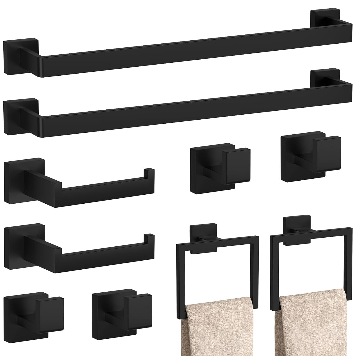 10-Pieces Matte Black Bathroom Accessories Set, 23.6 Inch Bath Towel Bar Set, Su