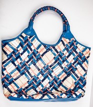 LONDON FOG  Weekend Travel Tote Bag Basket Weave Design Teal, Cream, Orange EUC - £27.28 GBP