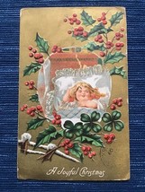 688A~ Vintage Postcard A Joyful Christmas Holly Girl Child Sleeping Embo... - $5.00