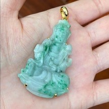 14K Solid Real Yellow Gold Natural Jadeite Jade Kwan Yin Lady Buddha Pendant 704 - £694.20 GBP