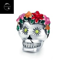 Skull Skeleton Flower Bead Charm Genuine Sterling Silver 925 For Bracelets  - £16.49 GBP