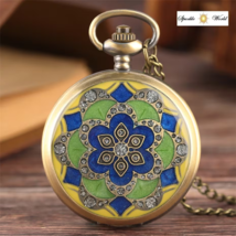 Classic Moroccan Art Green Jade Rhinestones Bronze Pocket Watch Necklace... - $17.64