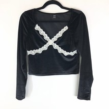 Shein Womens Crop Top Velvet Lace Trim Long Sleeve V Neck Black XL - £7.61 GBP