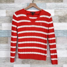 LRL Ralph Lauren Cable Knit Sweater Orange White Striped Cotton Womens Small - £19.37 GBP