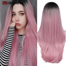 Ombre pink Long Straight Synthetic Wig Ombre Hair For Women Middle Part Hair - £38.70 GBP