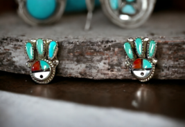 Zuni Sun Face Inlaid Turquoise Coral Vintage Sterling Silver Clip On Ear... - £60.09 GBP