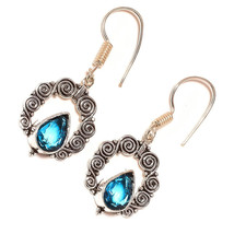 Swiss Blue Topaz Gemstone 925 Silver Overlay Handmade Design Drop Dangle... - $8.99